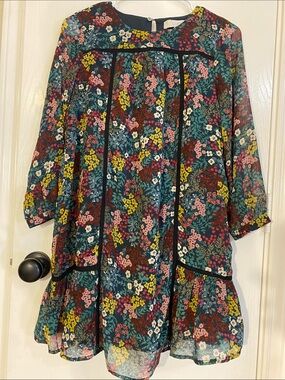 LOFT Navy Floral Print Dress with Black Trim